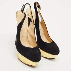 Pre Owned Charlotte Olympia Black Suede Dolly Platform Slingback Pumps Size 39