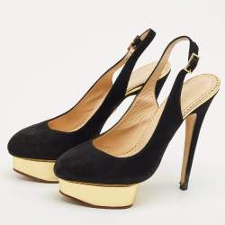 Pre Owned Charlotte Olympia Black Suede Dolly Platform Slingback Pumps Size 39