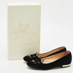 Pre Owned Charlotte Olympia Navy Blue Velvet Kitty Ballet Flats Size 36.5