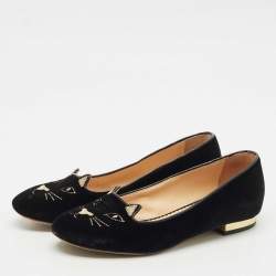 Pre Owned Charlotte Olympia Navy Blue Velvet Kitty Ballet Flats Size 36.5