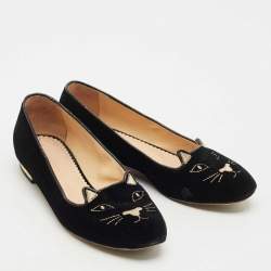 Pre Owned Charlotte Olympia Navy Blue Velvet Kitty Ballet Flats Size 36.5