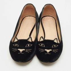 Pre Owned Charlotte Olympia Navy Blue Velvet Kitty Ballet Flats Size 36.5
