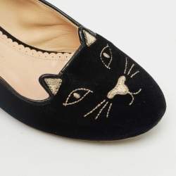 Pre Owned Charlotte Olympia Navy Blue Velvet Kitty Ballet Flats Size 36.5
