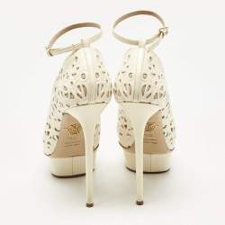 Pre Owned Charlotte Olympia Cream Cut Out Leather Scribble Dolores Ankle Strap Platform Pumps Size 38.5
