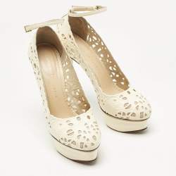 Pre Owned Charlotte Olympia Cream Cut Out Leather Scribble Dolores Ankle Strap Platform Pumps Size 38.5