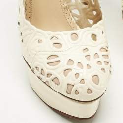 Pre Owned Charlotte Olympia Cream Cut Out Leather Scribble Dolores Ankle Strap Platform Pumps Size 38.5