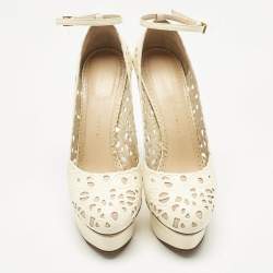 Pre Owned Charlotte Olympia Cream Cut Out Leather Scribble Dolores Ankle Strap Platform Pumps Size 38.5