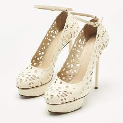 Pre Owned Charlotte Olympia Cream Cut Out Leather Scribble Dolores Ankle Strap Platform Pumps Size 38.5