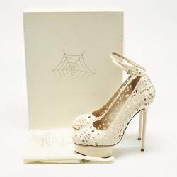 Pre Owned Charlotte Olympia Cream Cut Out Leather Scribble Dolores Ankle Strap Platform Pumps Size 38.5