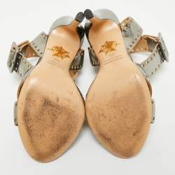 Pre Owned Charlotte Olympia Silver Leather Lasercut Crisscross Ankle Strap Sandals Size 34