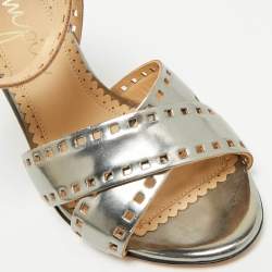 Pre Owned Charlotte Olympia Silver Leather Lasercut Crisscross Ankle Strap Sandals Size 34