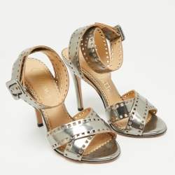 Pre Owned Charlotte Olympia Silver Leather Lasercut Crisscross Ankle Strap Sandals Size 34