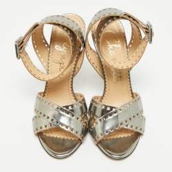 Pre Owned Charlotte Olympia Silver Leather Lasercut Crisscross Ankle Strap Sandals Size 34