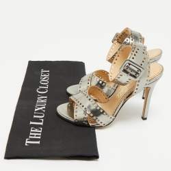 Pre Owned Charlotte Olympia Silver Leather Lasercut Crisscross Ankle Strap Sandals Size 34