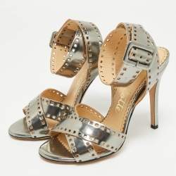 Pre Owned Charlotte Olympia Silver Leather Lasercut Crisscross Ankle Strap Sandals Size 34