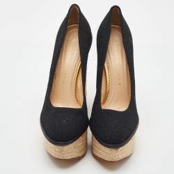 Pre Owned Charlotte Olympia Black Fabric Carmen Espadrille Platform Wedge Pumps Size 38