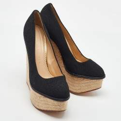 Pre Owned Charlotte Olympia Black Fabric Carmen Espadrille Platform Wedge Pumps Size 38