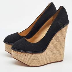 Pre Owned Charlotte Olympia Black Fabric Carmen Espadrille Platform Wedge Pumps Size 38