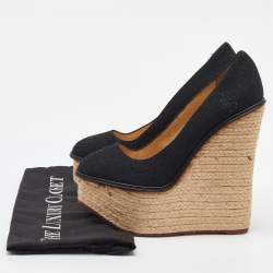 Pre Owned Charlotte Olympia Black Fabric Carmen Espadrille Platform Wedge Pumps Size 38