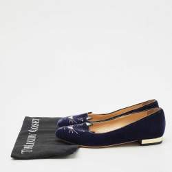 Pre Owned Charlotte Olympia Navy Blue Fabric Kitty Smoking Slippers Size 36.5