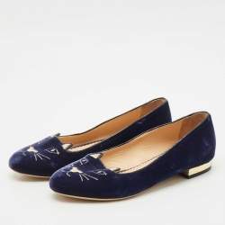 Pre Owned Charlotte Olympia Navy Blue Fabric Kitty Smoking Slippers Size 36.5