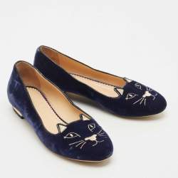 Pre Owned Charlotte Olympia Navy Blue Fabric Kitty Smoking Slippers Size 36.5