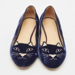 Pre Owned Charlotte Olympia Navy Blue Fabric Kitty Smoking Slippers Size 36.5