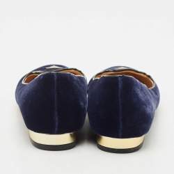 Pre Owned Charlotte Olympia Navy Blue Fabric Kitty Smoking Slippers Size 36.5