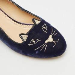 Pre Owned Charlotte Olympia Navy Blue Fabric Kitty Smoking Slippers Size 36.5