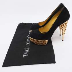 Pre Owned Charlotte Olympia Black Suede Gold Sculptured Heel Objets D'Art Platform Pumps Size 37