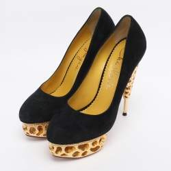 Pre Owned Charlotte Olympia Black Suede Gold Sculptured Heel Objets D'Art Platform Pumps Size 37