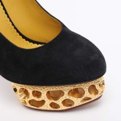 Pre Owned Charlotte Olympia Black Suede Gold Sculptured Heel Objets D'Art Platform Pumps Size 37