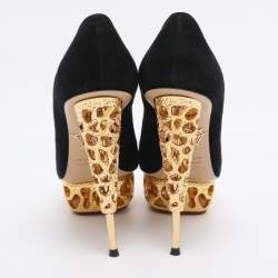 Pre Owned Charlotte Olympia Black Suede Gold Sculptured Heel Objets D'Art Platform Pumps Size 37