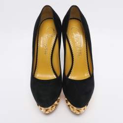 Pre Owned Charlotte Olympia Black Suede Gold Sculptured Heel Objets D'Art Platform Pumps Size 37