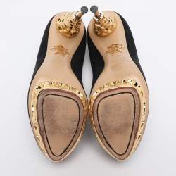 Pre Owned Charlotte Olympia Black Suede Gold Sculptured Heel Objets D'Art Platform Pumps Size 37