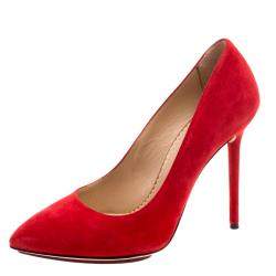 Pre Owned حذاء كعب عالي شارلوت أوليمبيا مونرو سويدي أحمر مقدمة مدببة مقاس 38.5