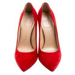 Pre Owned حذاء كعب عالي شارلوت أوليمبيا مونرو سويدي أحمر مقدمة مدببة مقاس 38.5