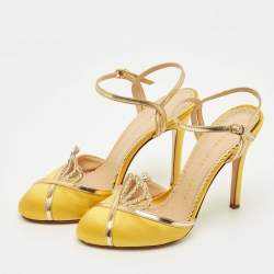 Pre Owned Charlotte Olympia Yellow Leather and Satin Queenie Ankle Strap Pumps Size 36