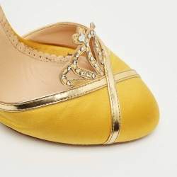 Pre Owned Charlotte Olympia Yellow Leather and Satin Queenie Ankle Strap Pumps Size 36