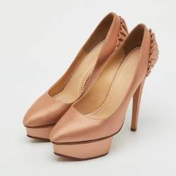 Pre Owned Charlotte Olympia Metallic Bronze Satin Paloma Fan Pleat Platform Pumps Size 35.5