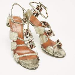 Pre Owned Charlotte Olympia Gold Texture Leather Ankle Strap Sandals Size 39