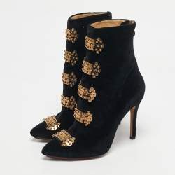 Pre Owned Charlotte Olympia Black Velvet Stud Embellished Ankle Length Boots Size 38