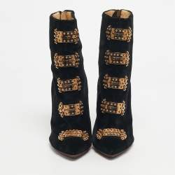 Pre Owned Charlotte Olympia Black Velvet Stud Embellished Ankle Length Boots Size 38