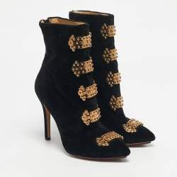 Pre Owned Charlotte Olympia Black Velvet Stud Embellished Ankle Length Boots Size 38