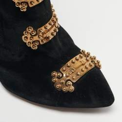 Pre Owned Charlotte Olympia Black Velvet Stud Embellished Ankle Length Boots Size 38