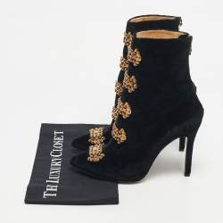 Pre Owned Charlotte Olympia Black Velvet Stud Embellished Ankle Length Boots Size 38