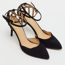 Pre Owned Charlotte Olympia Black Suede Pointed Toe Ankle Strap Pumps Size 38