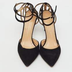 Pre Owned Charlotte Olympia Black Suede Pointed Toe Ankle Strap Pumps Size 38