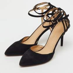 Pre Owned Charlotte Olympia Black Suede Pointed Toe Ankle Strap Pumps Size 38
