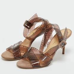 Pre Owned Charlotte Olympia Brown PVC and Suede Take 85 Film Strap Sandals Size 36.5